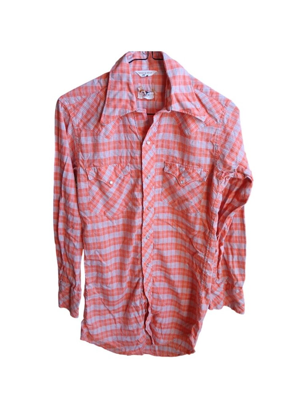 Vintage XS 14-32 Western Shirt Cowboy 1970's Orange Plaid Long Sleeve USA